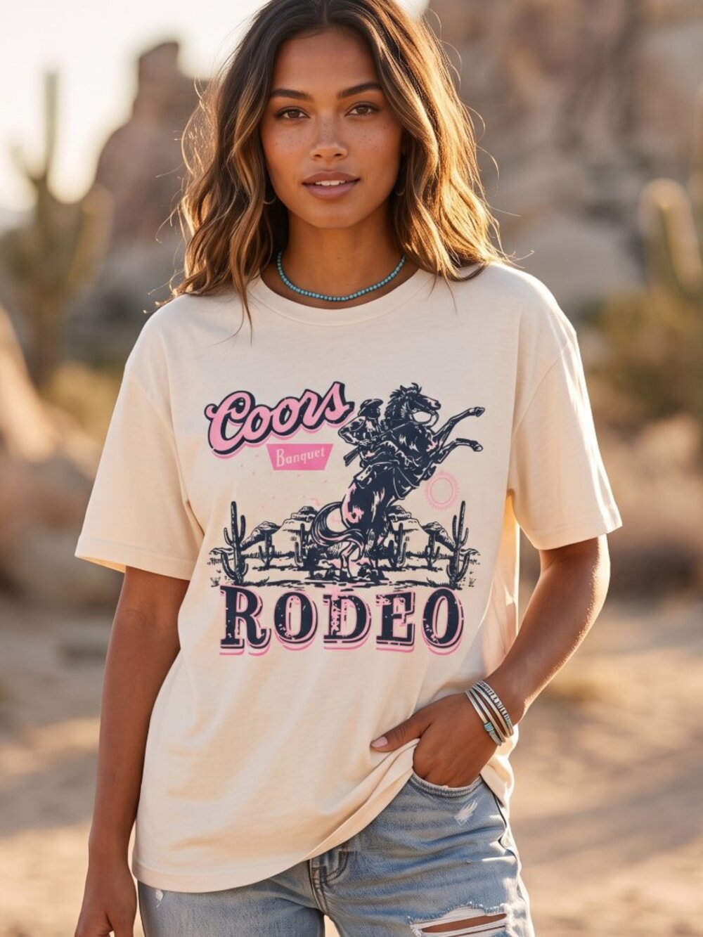 NWOT Coors Banquet Rodeo Graphic T-Shirt Cowboy Vintage Style Cream Pink | Small